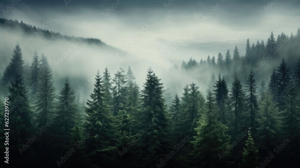 Foggy landscape with spruce forest in haze