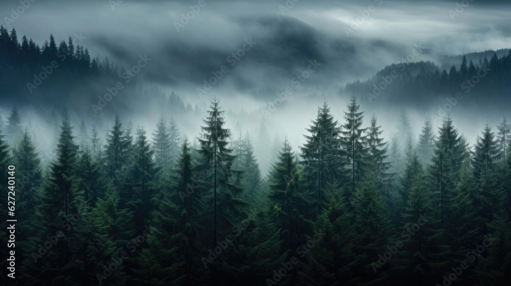 A lucious dark green forest with a cool setting mist creates an image that is perfect for any background.