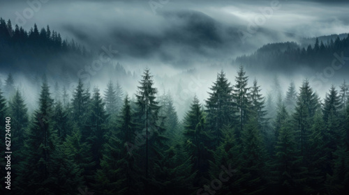 A lucious dark green forest with a cool setting mist creates an image that is perfect for any background. © mirexon