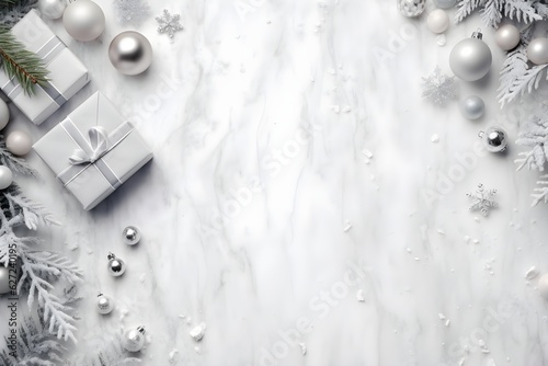 White and Silver Christmas flat lay mockup background with snowflakes and presents