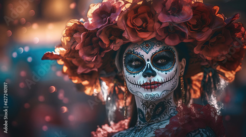 Day of the dead mexican carnival known as Day of the Dead with maxican girl portrait wearing carnival mask of the day of the dead