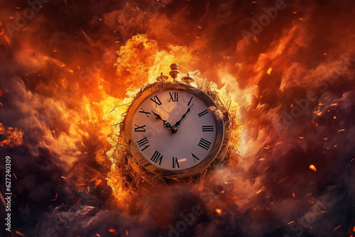 A captivating and thought-provoking representation of time's fragility through a clock engulfed in flames