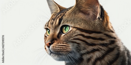 Portrait of a beautiful cat with green eyes and brown fur. White background for copy space. Generative AI