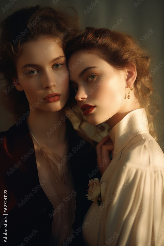 portrait of two women/models/book characters in daylight scene for lgbtq + awareness embracing in a fashion/beauty editorial magazine style film photography look - generative ai art portrait of two women/models/book characters in daylight scene for lgbtq + awareness embracing in a fashion/beauty editorial magazine style film photography look - generative ai art