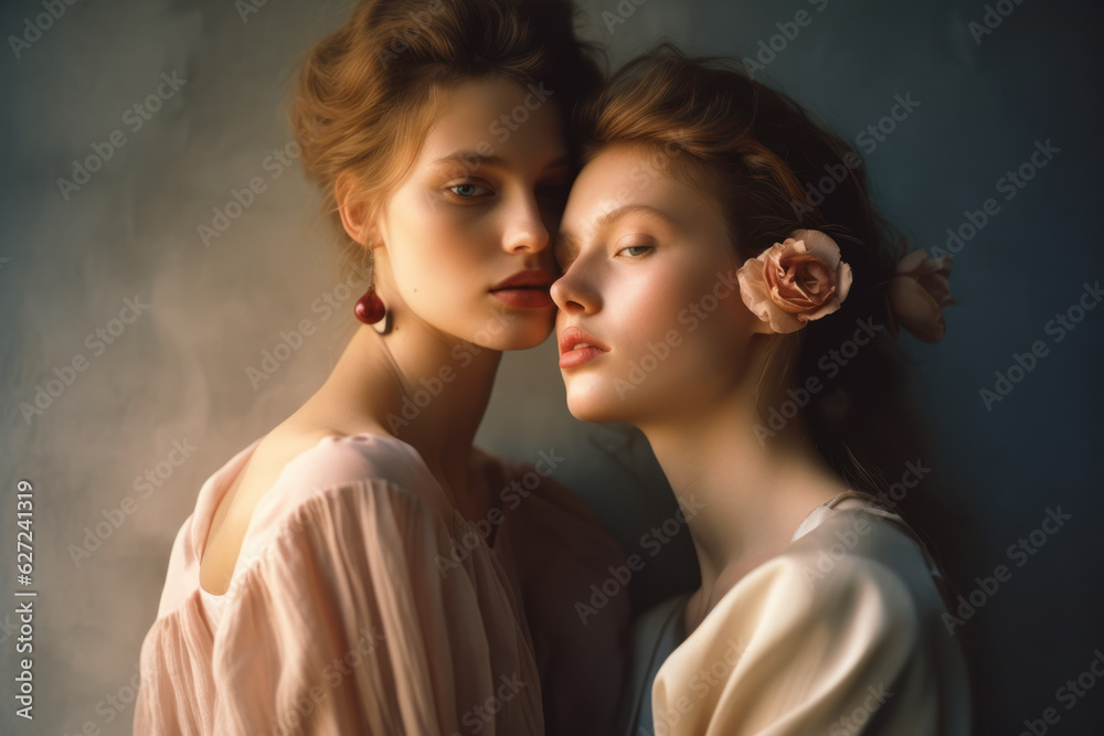 portrait of two women/models/book characters in daylight scene for lgbtq + awareness embracing in a fashion/beauty editorial magazine style film photography look - generative ai art