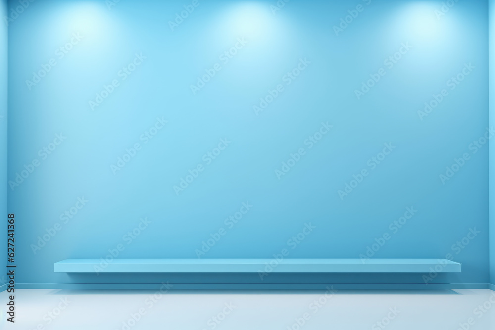 Universal minimalistic blue background for presentation. A light blue wall in the interior with beautiful built-in lighting and a smooth floor. Generative AI. Universal minimalistic blue background for presentation. A light blue wall in the interior with beautiful built-in lighting and a smooth floor. Generative AI.