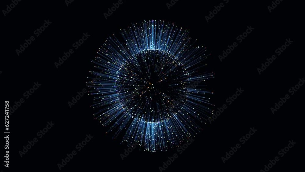 3D render of exploding futuristic sphere shape with glowing beams, 4K abstract animated background