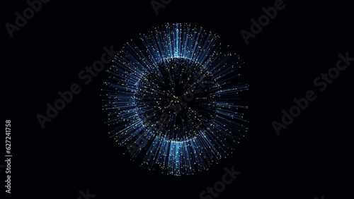 3D render of exploding futuristic sphere shape with glowing beams, 4K abstract animated background