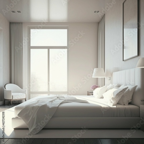White minimalist hotel room with a soft relaxing mattress and cushions, a large window and a chair in the corner. Generative AI.