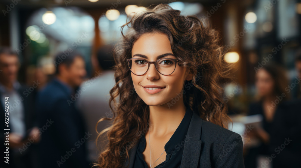 Portrait of beautiful young businesswoman with curly hair and eyeglasses.