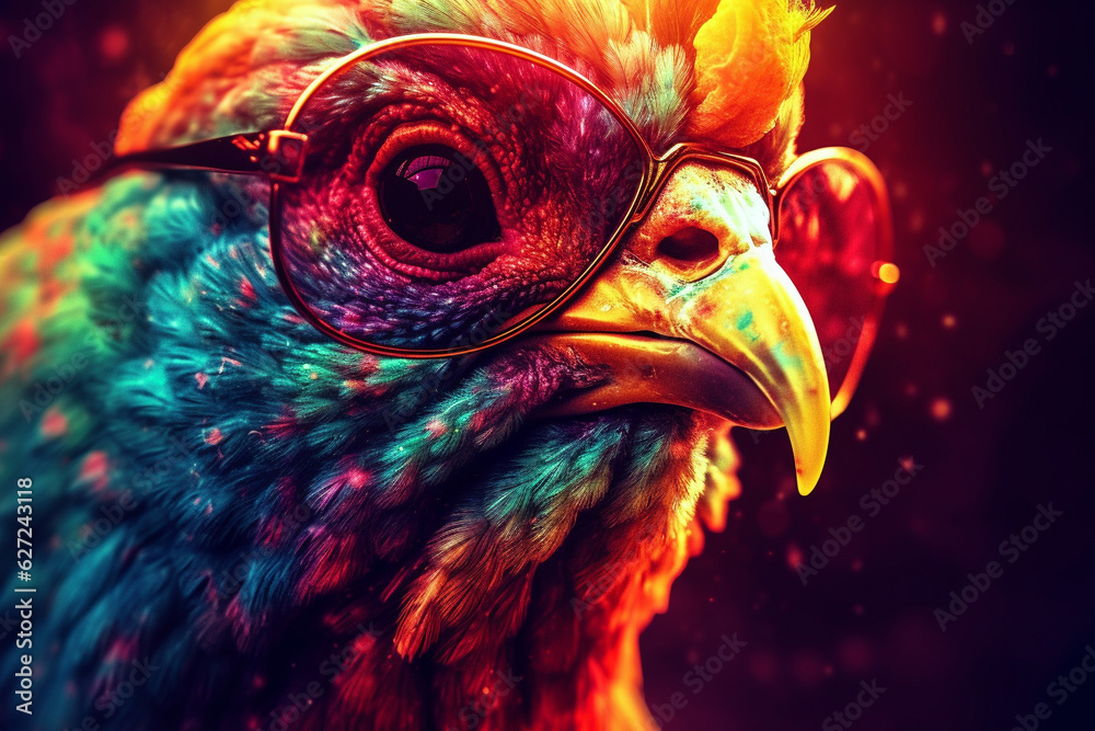 Rooster with glasses in psychedelic style