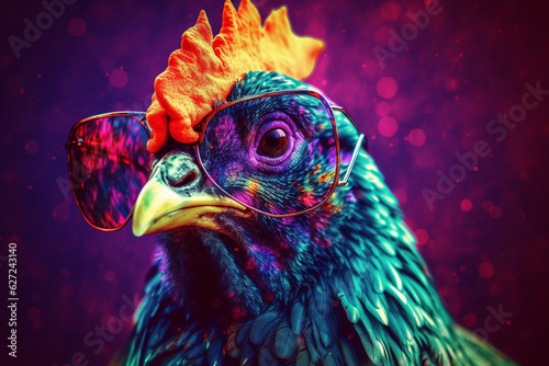 Rooster with glasses in psychedelic style