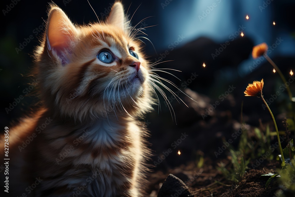 adorable baby kitten looking up at the sky with curiosity	
