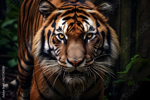 A striking close-up of a majestic tiger  its piercing gaze and powerful presence capturing the essence of untamed wilderness.