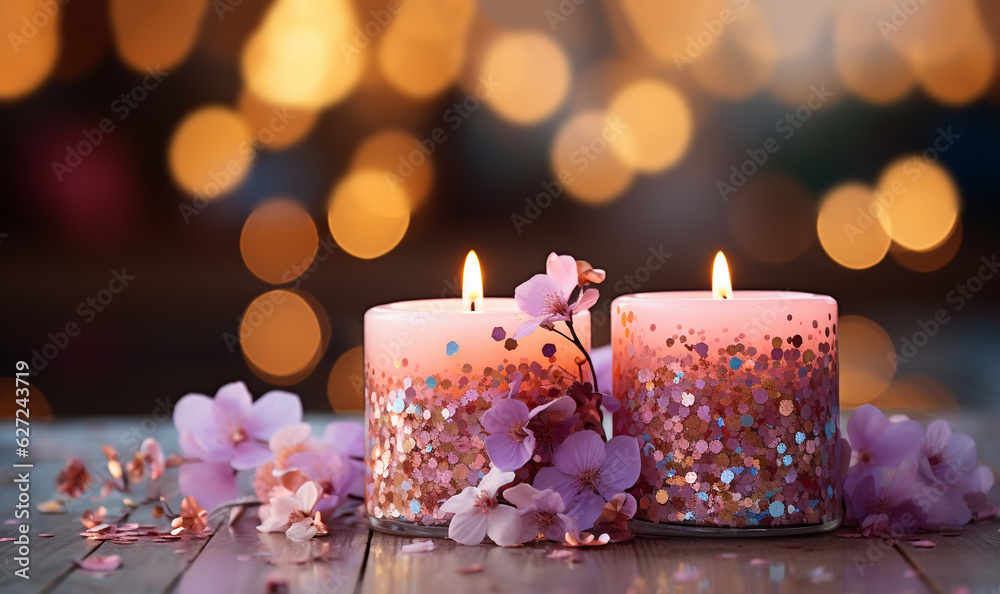 Colorful dreamy candles on bokeh background on wooden table surrounded with pink flowers. Dreamy design,Candles against bokeh lights background for clean Spa, valentine, wedding theme. Love and Peace Colorful dreamy candles on bokeh background on wooden table surrounded with pink flowers. Dreamy design,Candles against bokeh lights background for clean Spa, valentine, wedding theme. Love and Peace
