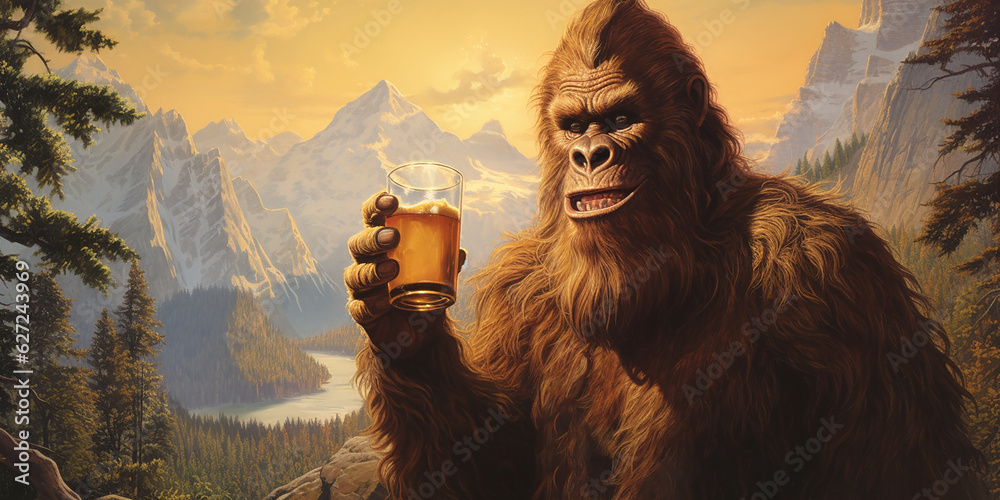 Naklejka premium Sasquatch drinking a cold craft beer with scenic view. Generative AI