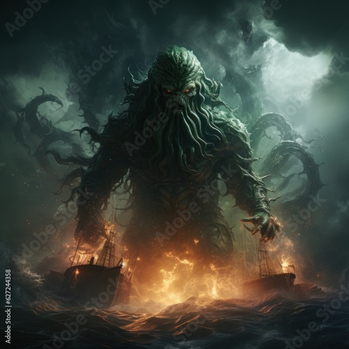 the ancestral creature cthulhu attacking a ship in the middle of a storm at night © jechm