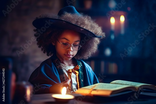 Little African American girl witch reading magic book in library. Halloween concept
