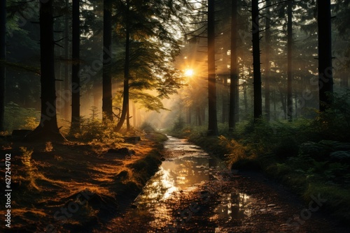 rays of sunlight among the trees of an autumn forest