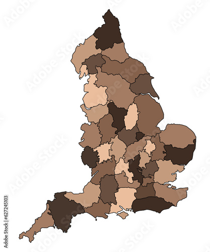 Brown Map of England with borders of the ceremonial counties and different colour. United Kingdom, Britain, UK