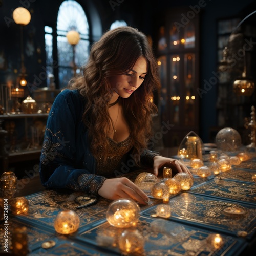 Photo beautiful young woman tarot fortune teller in a fortune telling consultation