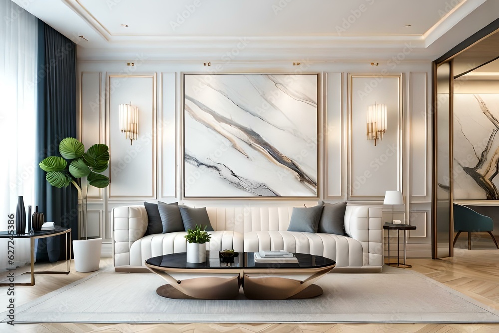 Modern luxury white living room interior design, white sofa with marble ...