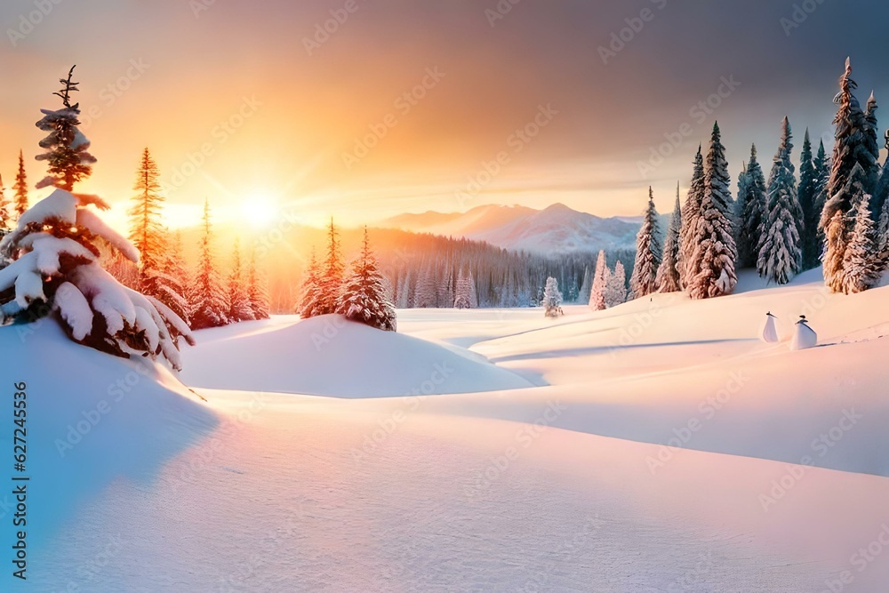 Snowman in a winter Christmas scene with snow, pine trees and warm light
