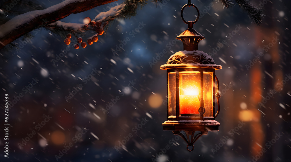 Glowing Lantern Hanging on Shepherd's Hook in a Snowy Winter Evening Glowing Lantern Hanging on Shepherd's Hook in a Snowy Winter Evening