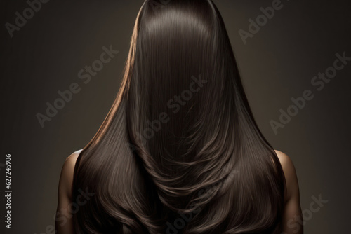 Back view of woman with long brown straight hair on dark background. Dyeing and hair care. Generative AI photo