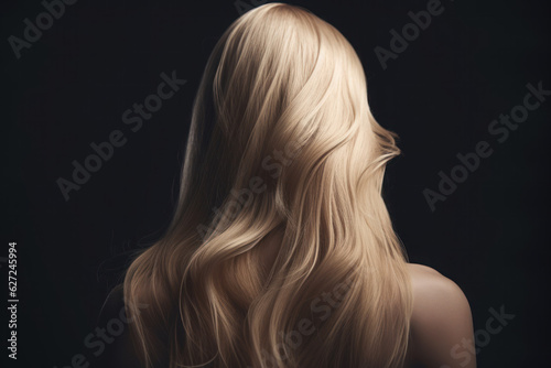 Back view of woman with long beautiful blond hair on dark background. Dyeing and hair care. Generative AI