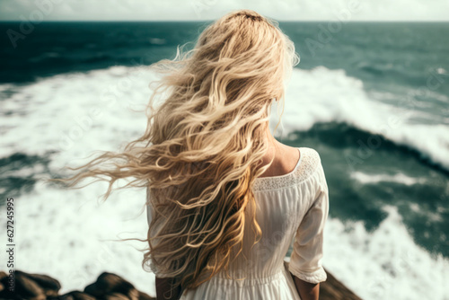 Back view beautiful slim girl with long flowing blond hair in the wind against the background of the sea and horizon. Generative AI