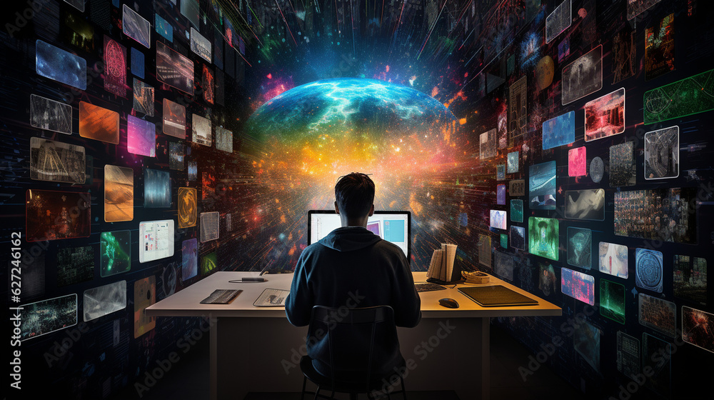 An immersive shot of the programmer's back, surrounded by digital art ...