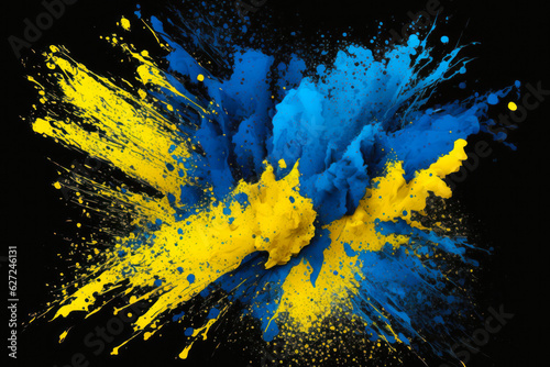 Paint spray spalsh blot in ukrainian blue and yellow colors on a black background. Generative AI