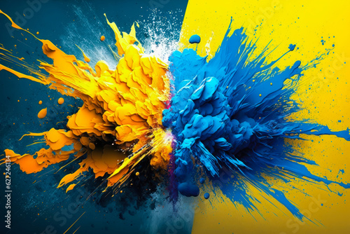 Paint explosion in ukrainian blue and yellow colors on a blue and yellow background. Generative AI