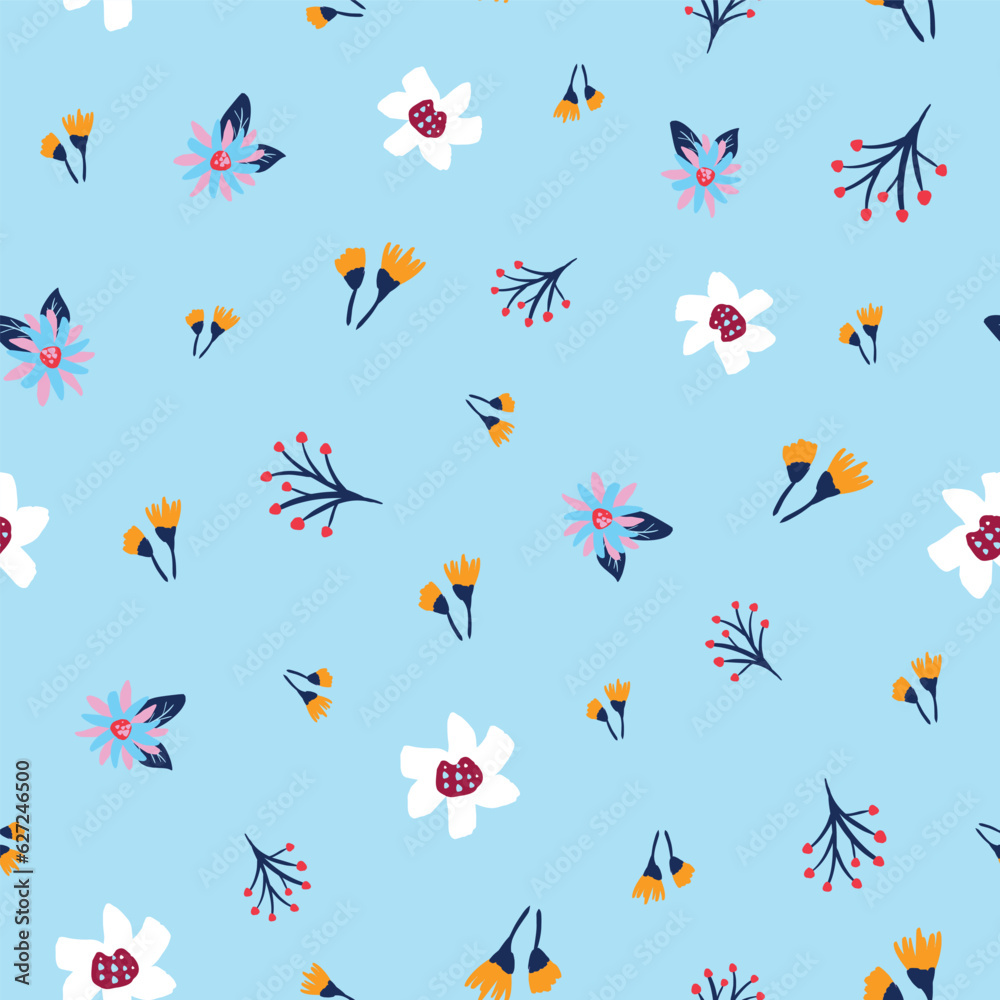 Seamless pattern ditsy summer flowers on blue Seamless pattern ditsy summer flowers on blue