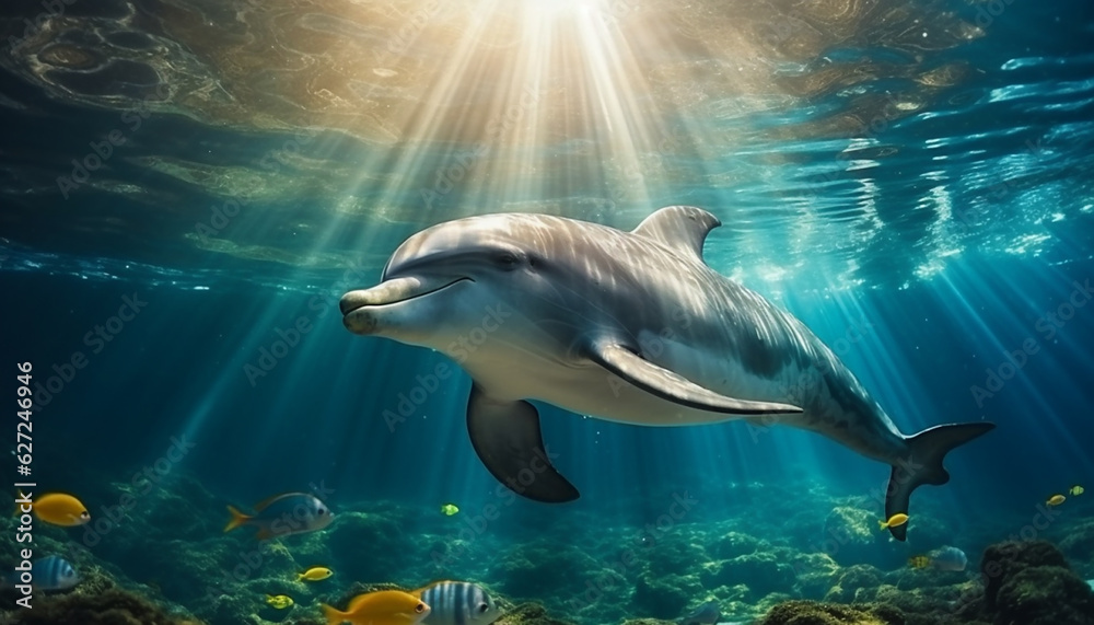 underwater world dolphin at the bottom of the ocean close up sunlight