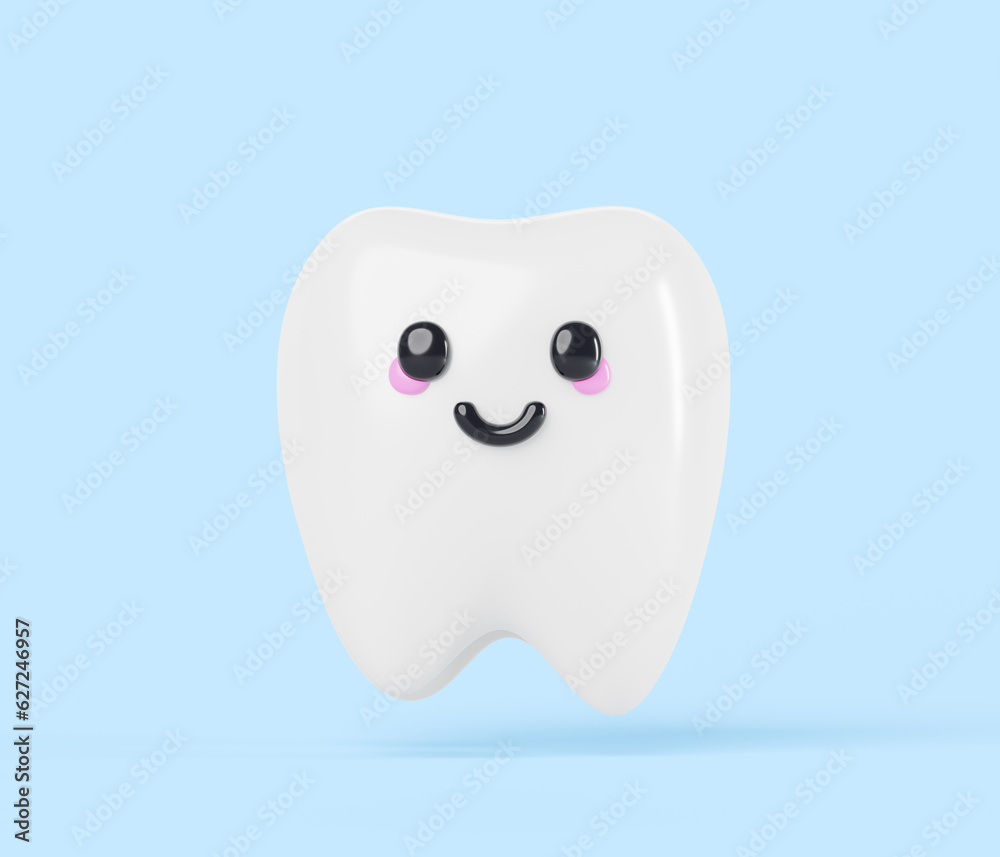 Cute baby tooth, cartoon kawaii character with smile 3d render. Happy and healthy teeth icon for children dentistry clinic on blue background. Dental hygiene and care, oral health. 3D illustration Cute baby tooth, cartoon kawaii character with smile 3d render. Happy and healthy teeth icon for children dentistry clinic on blue background. Dental hygiene and care, oral health. 3D illustration