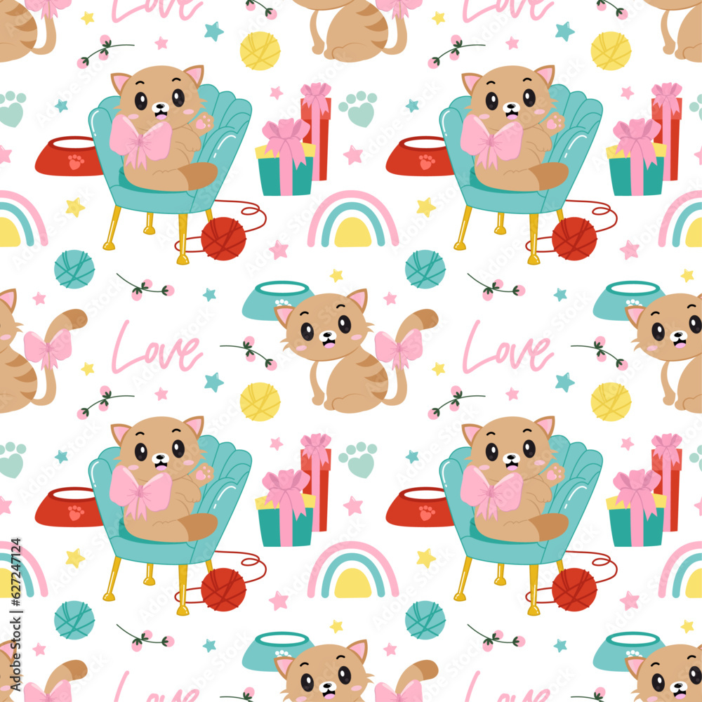Fototapeta premium white seamless pattern with cute cats. It can be used for textile, wallpaper, wrapping