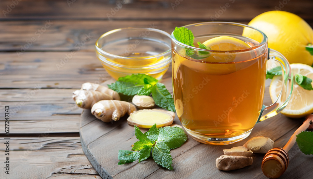 A glass cup of tea with lemon, mint, ginger and honey on wooden rustic table. A glass cup of tea with lemon, mint, ginger and honey on wooden rustic table.