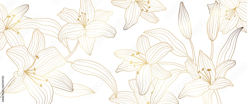 Luxury golden lily flower line art background vector. Natural botanical elegant flower with gold line art. Design illustration for decoration, wall decor, wallpaper, cover, banner, poster, card. 