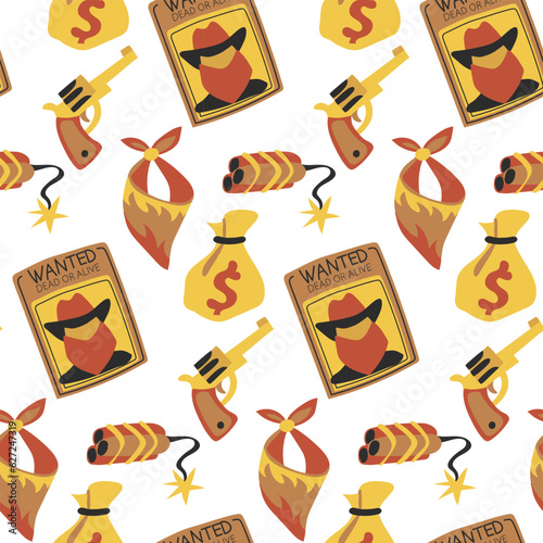 Cowboy seamless pattern with thief theme. Search, money, dynamite, revolver, bandage. Vector flat graphics. Western packaging in shades of the desert. Printing on textiles and paper