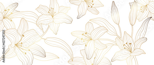 Luxury golden lily flower line art background vector. Natural botanical elegant flower with gold line art. Design illustration for decoration, wall decor, wallpaper, cover, banner, poster, card. 