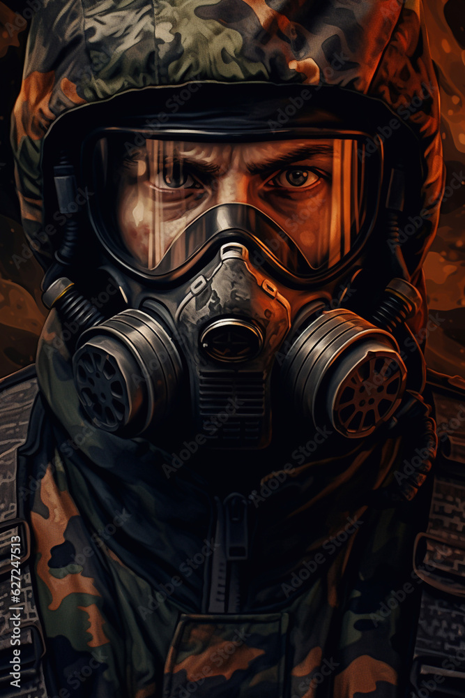 Soldier in chemical mask against the background of fire. Generative AI Soldier in chemical mask against the background of fire. Generative AI