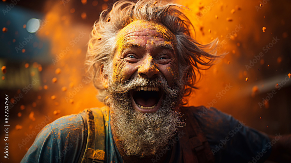 Portrait of a Happy old man at the Holi Festival. Elderly man laughing and celebrating at the Holi Festival. AI Generative Portrait of a Happy old man at the Holi Festival. Elderly man laughing and celebrating at the Holi Festival. AI Generative