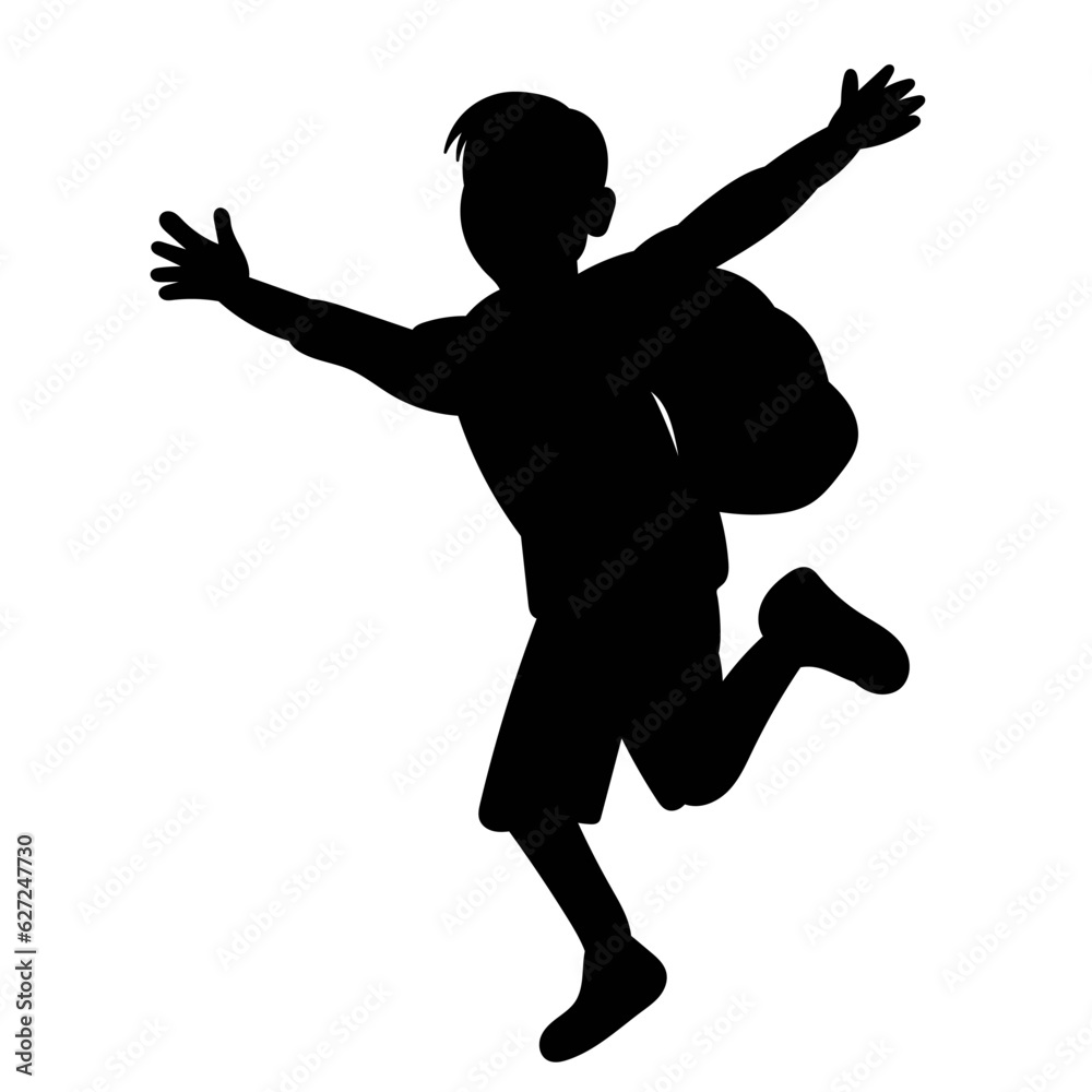 silhouette child with a backpack rejoices vector