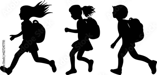 silhouette kids with backpack running vector