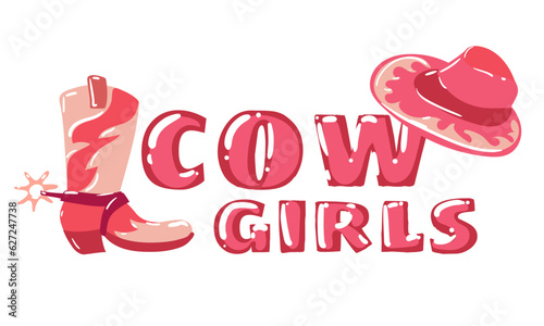 A poster with a picture of a shepherdess shoe and hat. Colorful pink illustration. Print on a T-shirt with an image of the Wild West or a poster design. A dangerous wild girl. Western girl