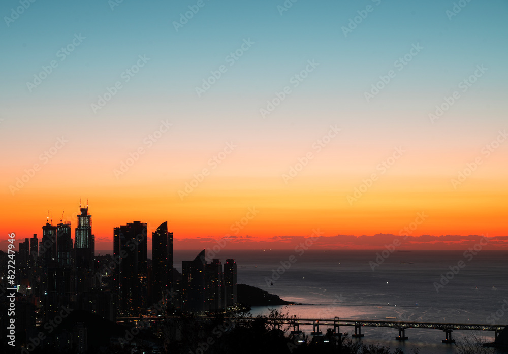 South Korea, Busan, city shadow, sunrise