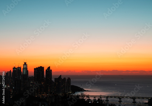 South Korea, Busan, city shadow, sunrise