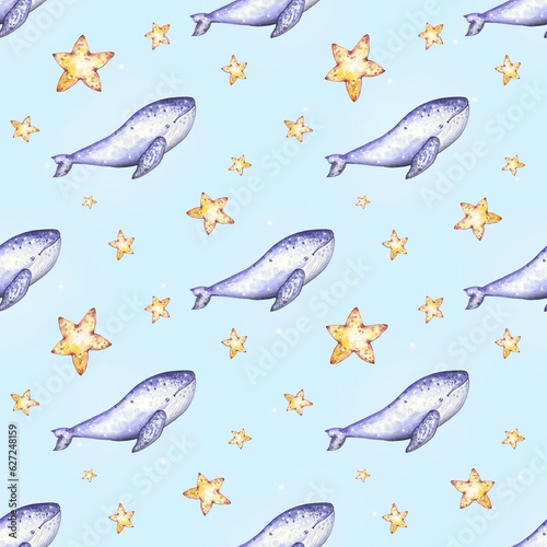 Seamless marine pattern with whales  gold stars on a blue background. Watercolor children background. Printing on fabric wallpaper prints textiles baby room cards.
